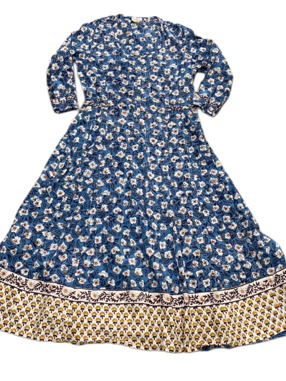 Anokhi floral boho Indian block print quarter sleeve cotton midi dress XS